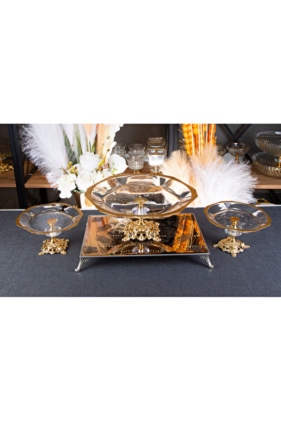 ARGKRİSTAL Pasabahçe Gold Detailed Metal Legs 3-Piece Six Plate