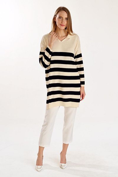 Rays Ecru 5335 Striped Ribbed Knitwear Tunic