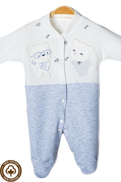 Miniel Unisex Baby Note Teddy Bear Embroidered 3-6-9 Months Combed Organic Cotton Baby Rompers with Booties