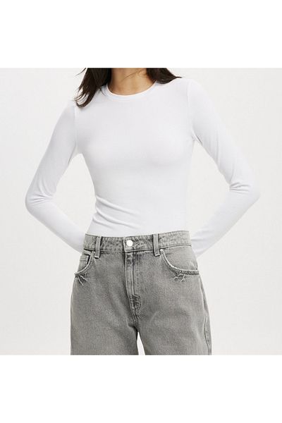 LADY HAZAL Λευκό Slimfit Body Soft Touch Interlock Crew Neck Χτενισμένο Βαμβακερό Αθλητικό Μέγεθος