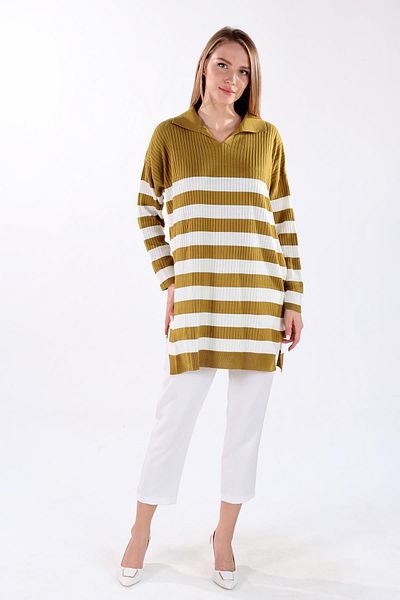 Rays 5335 Striped Ribbed Knitwear Tunic Fat Green