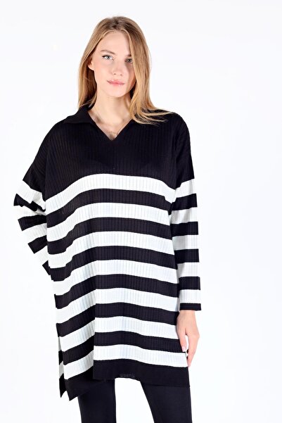 Rays Black Striped Ribbed Knitwear Tunic 5335