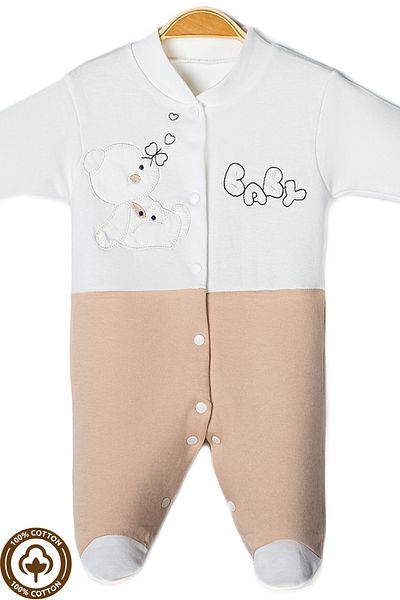 Miniel 3-6-9 Months Organic Cotton Baby Girl Romper with Embroidered Teddy Bear Booties