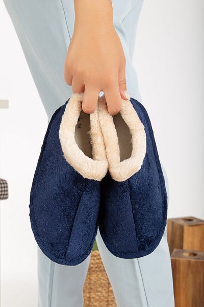 Slipcat Navy Blue Unisex Μάλλινο Λούτρινο Χειμερινό Παπούτσια - Home Shoe