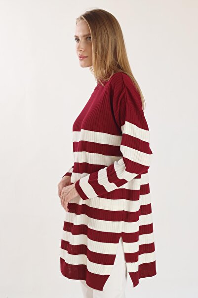 Rays Claret Red 5330 Model Striped Knitwear Tunic