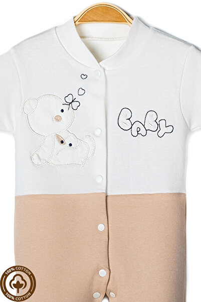 Miniel 3-6-9 Months Organic Cotton Baby Girl Romper with Embroidered Teddy Bear Booties