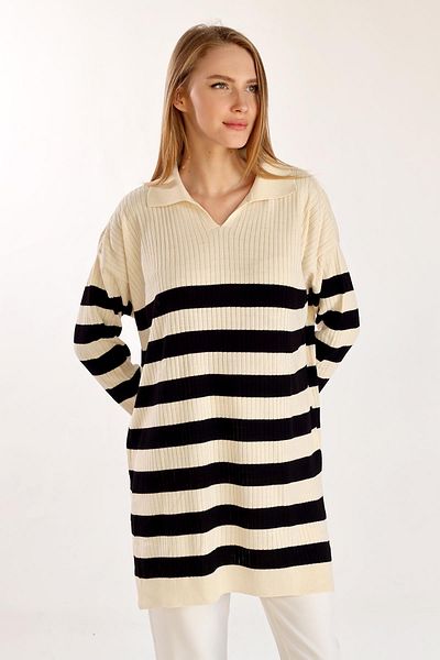 Rays Ecru 5335 Striped Ribbed Knitwear Tunic
