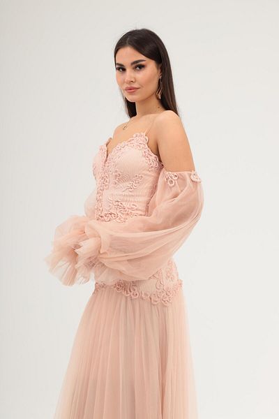 Aperla Long Evening Dress with Detachable Sleeve Detail Straps Lace and Tulle Fabric