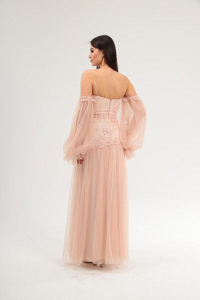Aperla Long Evening Dress with Detachable Sleeve Detail Straps Lace and Tulle Fabric