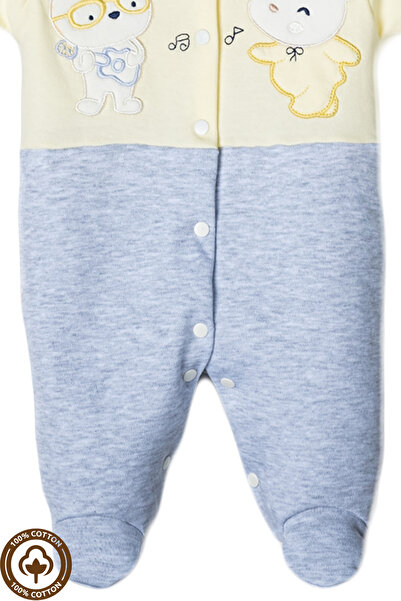 Miniel Unisex Baby Note Teddy Bear Embroidered 3-6-9 Months Combed Organic Cotton Baby Rompers with Booties