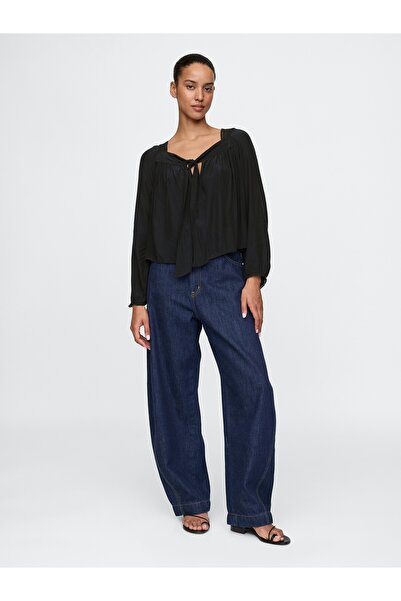 GAP Kadın Siyah Fiyonk Detaylı Kare Yaka Crop Bluz