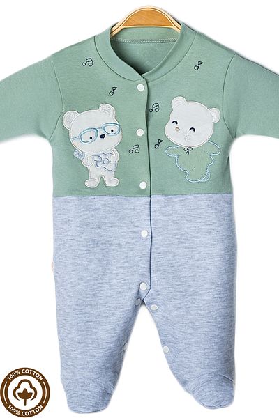 Miniel Unisex Baby Note Teddy Bear Embroidered 3-6-9 Months Combed Organic Cotton Baby Rompers with Booties