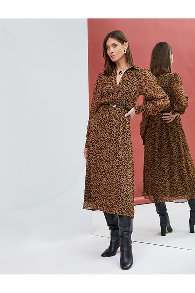 Koton Rochie cu model leopard șifon cu mânecă lungă guler cămașă cu curea