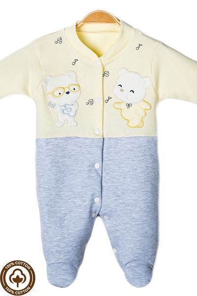 Miniel Unisex Baby Note Teddy Bear Embroidered 3-6-9 Months Combed Organic Cotton Baby Rompers with Booties