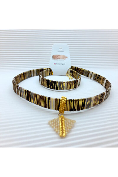 Tiara Miyuki Miyuki Kolye uçlu yassı kordon Choker Takım