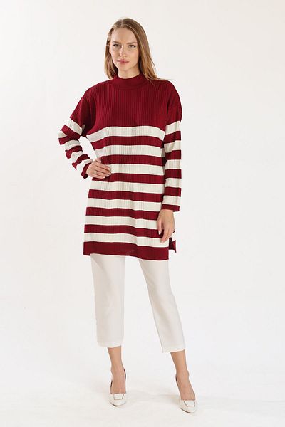 Rays Claret Red 5330 Model Striped Knitwear Tunic
