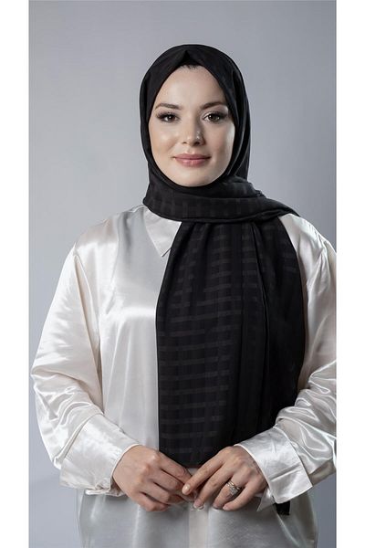 HÜRREM BONE Black Patterned Shawl Chiffon Fabric Checked Striped 202107_01