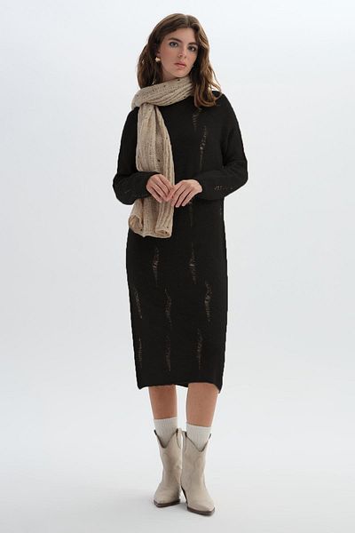 SHERIN Black Long Ripped Patterned Knitwear Dress