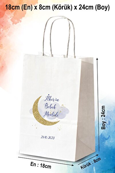 nna tasarım 50 Adet Kişiye Özel Isim Baskılı Bebek Mevlidi Hediyelik Kağıt Çanta/poşet 18x8x24 Cm(BT11-50)
