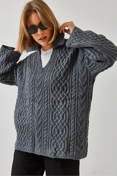 Bianco Lucci Women's V-Neck Hair Knit Patterned Knitwear Sweater 231208 60261037