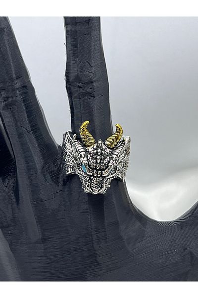 Yıldız Accessory Unisex Adjustable Steel Colorful Eyed Gold Horned Dragon Vintage Gothic Cosplay Ring