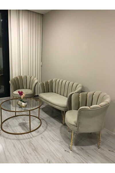 GARDEN HOUSE Papatya Çay Seti - Vizon Kumaş Metal Ayaklı 2 1 1 Ofis Koltuk Takımı