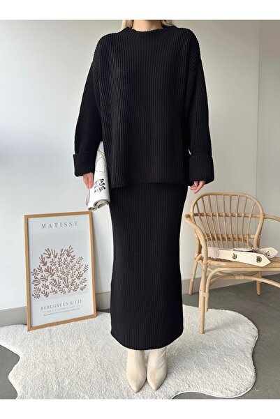 Jose Clothing Harlow Black Knitwear Set de fuste lungi pulover cu guler vertical