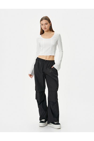 Koton Crop Blouse Corset Detailed Long Sleeve U Neck Ribbed