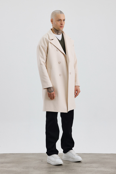 İLKCET MODA Premium Krem Oversize Erkek Düğmeli Kaşe Kaban