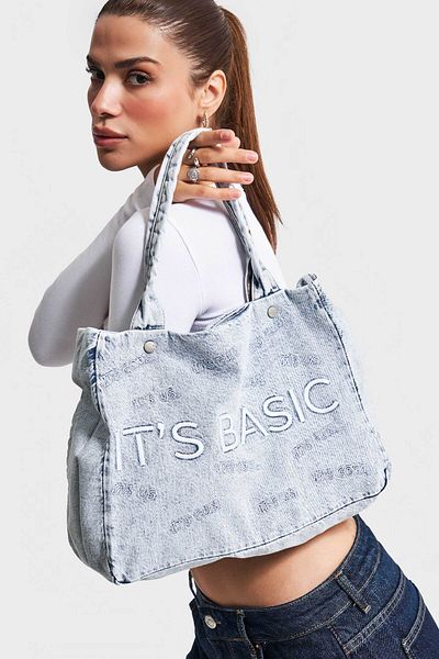 its basic Denim Color IT'S BASIC Geantă din denim de mărime medie, cu închidere cu capse brodate