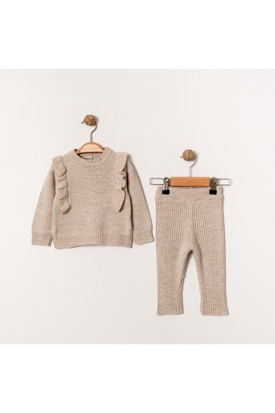 Eray Kids Beige Knitwear Girl's Double Set with Ruffle Sleeves