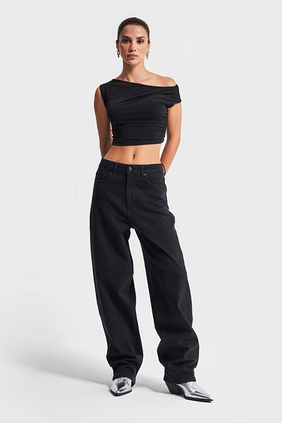 its basic Black Baggy Flared Fit - 1W41 Model, Super Long 100% Cotton Denim