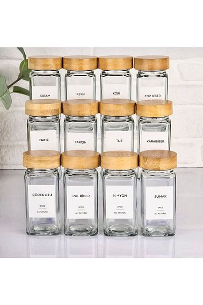 MİMOZA PARK 12 Pieces of Square Glass Spice Rack Set with Bamboo Lids (12 Labels and Pens as a Gift)