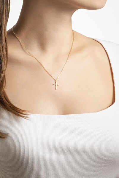 So CHIC... Minimal 18 Ayar Sarı Altın Kaplama 44 Cm Gümüş Cross Kolye