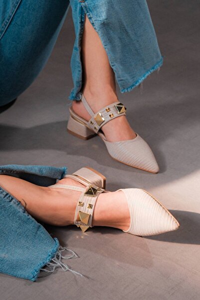 Lizzu حذاء نسائي بيج - كعب منخفض حجري ذهبي