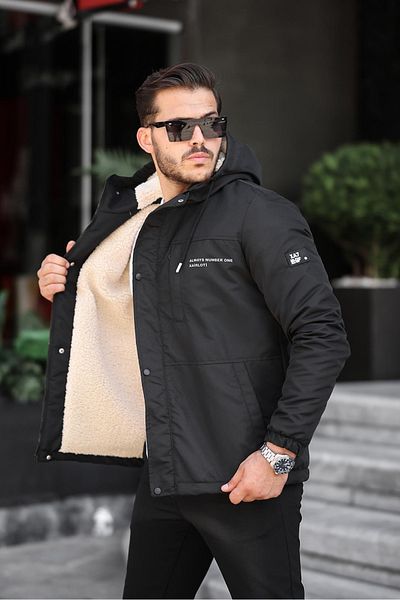 MerStore Cold and Windproof Hooded Black Winter Men's Coat with Fur Inside