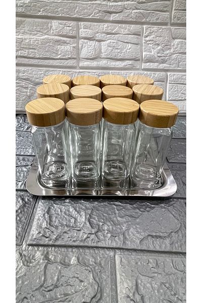 MİMOZA PARK 12 Pieces of Square Glass Spice Rack Set with Bamboo Lids (12 Labels and Pens as a Gift)