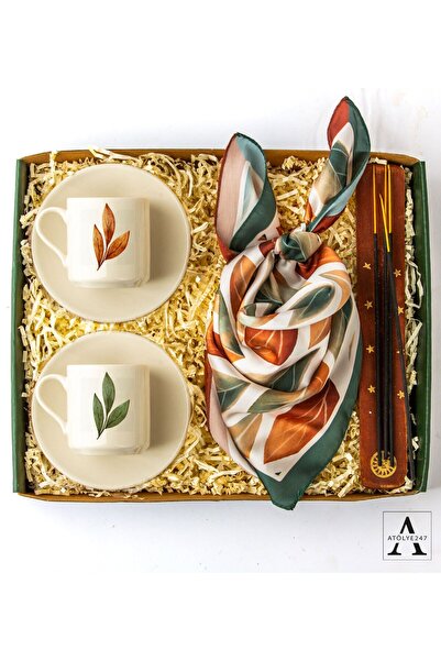 ATÖLYE247 Yaprak Desenli Fular Kahve Fincanı Ahşap Tütsülük Tütsü Hediye Seti