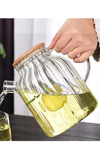 Holmer Holner Bamboo Elegance - 1500ml Glass Teapot with Strainer, Sliced Model Herbal Teas, Borosilicate and Jug