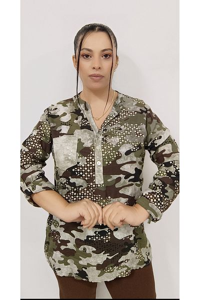 AKŞEN GİYİM Women's Camouflage Pattern Imported Cotton Viscose Fabric Suitable for Sizes 38-40-42-44 Bluz/Tunic