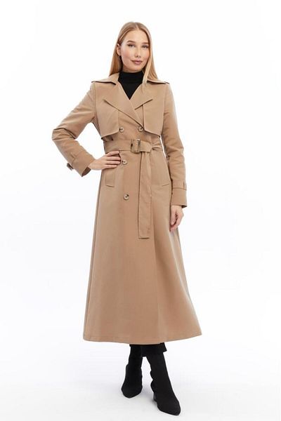Jamila Long Length Trench Coat with Buttons and Belt
