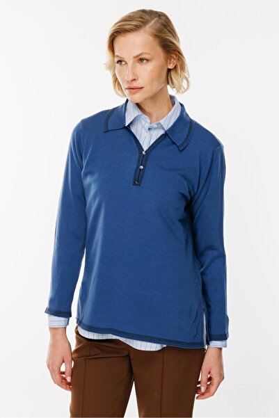 accort Büyük Beden Polo Yaka Triko Kazak-İNDİGO