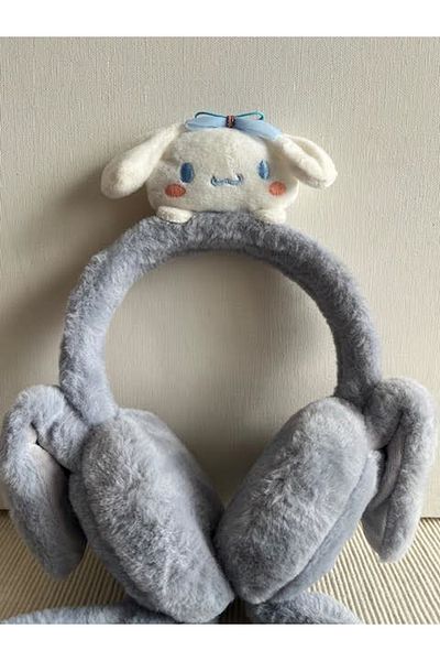 CosmoOutlet Gray Color Children's Earphone with Kuromi Figure Ears, Animated Cute Face, Plush Sound