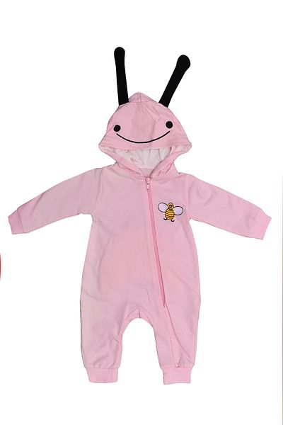Mika Bebek & Çocuk Pink Baby Girl Hooded Seasonal Jumpsuit with Bee Figures and Wings