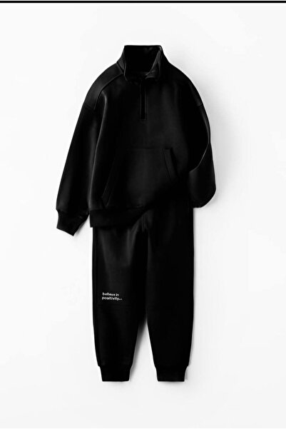 Kids Dik Yaka Siyah Kanguru Cepli Erkek Eşofman Takımı