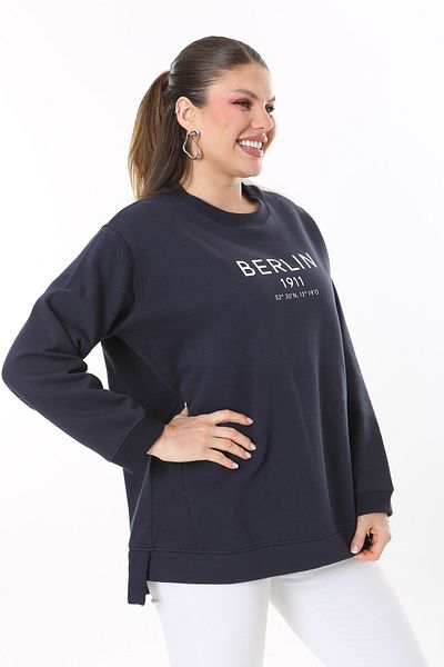 Şans Women's Large Size Navy Blue Ribbed Inside Slit Sweatshirt 65N37716