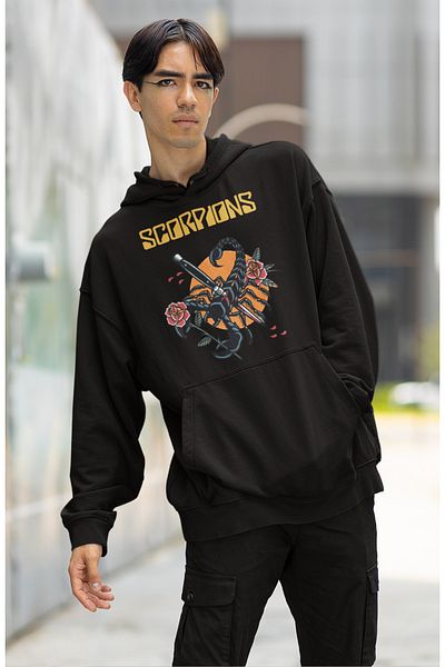 Fuddy Moda Hanorac cu glugă cu imprimeu Scorpions, hanorac oversize cu glugă Rock Metal