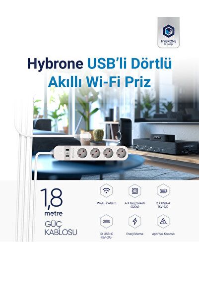 Hybrone Dörtlü Wifi Akıllı Priz 16A | Uzaktan Kontrol, Akım Korumalı, Zamanlayıcı, Çocuk Kilidi, USB Type-C
