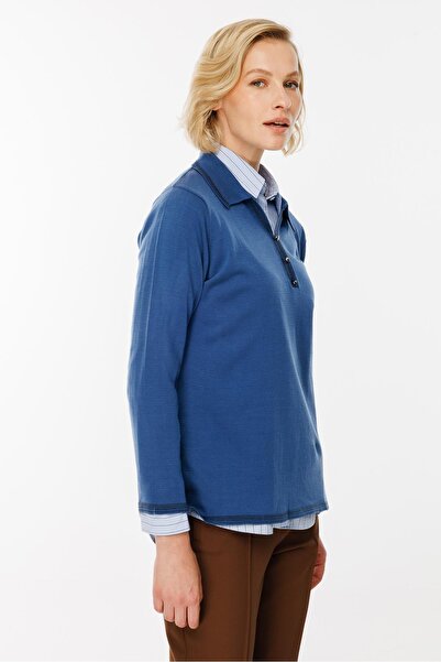 accort Büyük Beden Polo Yaka Triko Kazak-İNDİGO