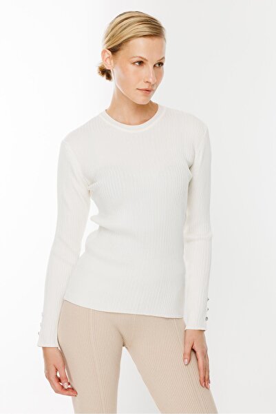 accort Sıfır Yaka Fitilli Triko Kazak-EKRU